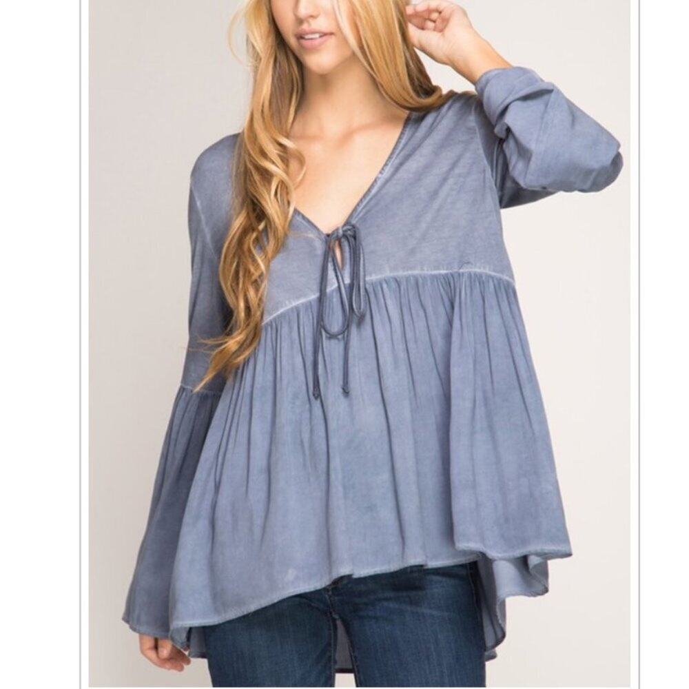 A614-A • Enzyme Washed Bell Sleeve Tie Front Blouse